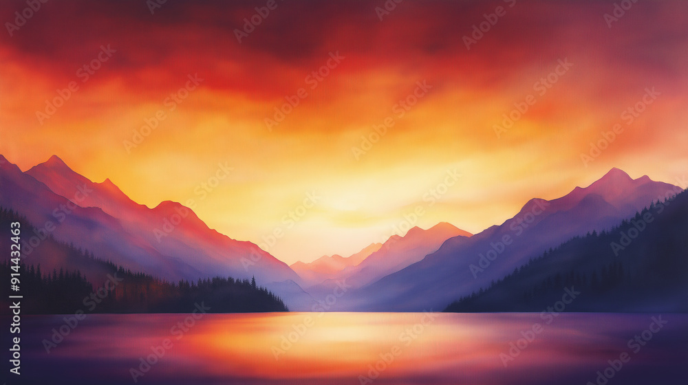 A painting of a mountain range with a lake in the foreground A painting of a mountain range with a lake in the foreground