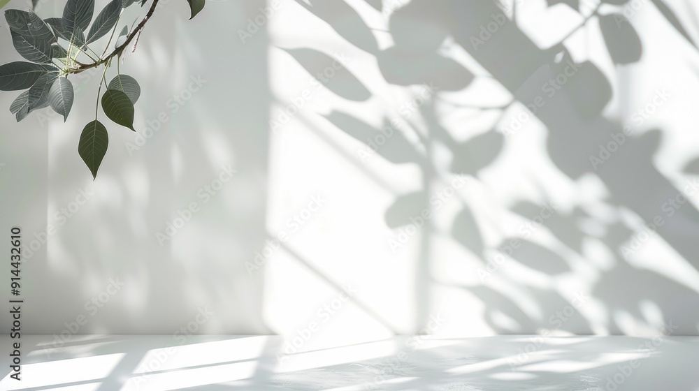 Empty white room corner with sunlight and leaf shadows, white background with copy space. Empty white room corner with sunlight and leaf shadows, white background with copy space.