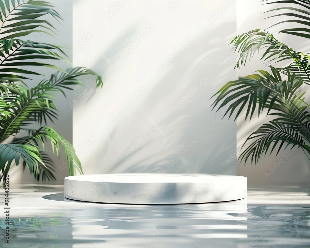 Modern minimalist outdoor spa with tropical plants and round stone platform reflecting in water under soft natural light. Modern minimalist outdoor spa with tropical plants and round stone platform reflecting in water under soft natural light.