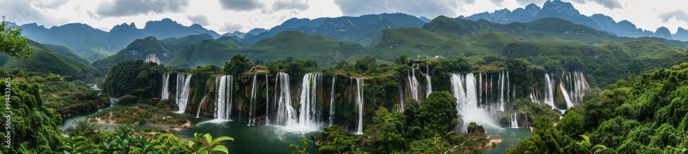 Fototapeta premium Waterfalls Cascading Through Lush Green Mountains