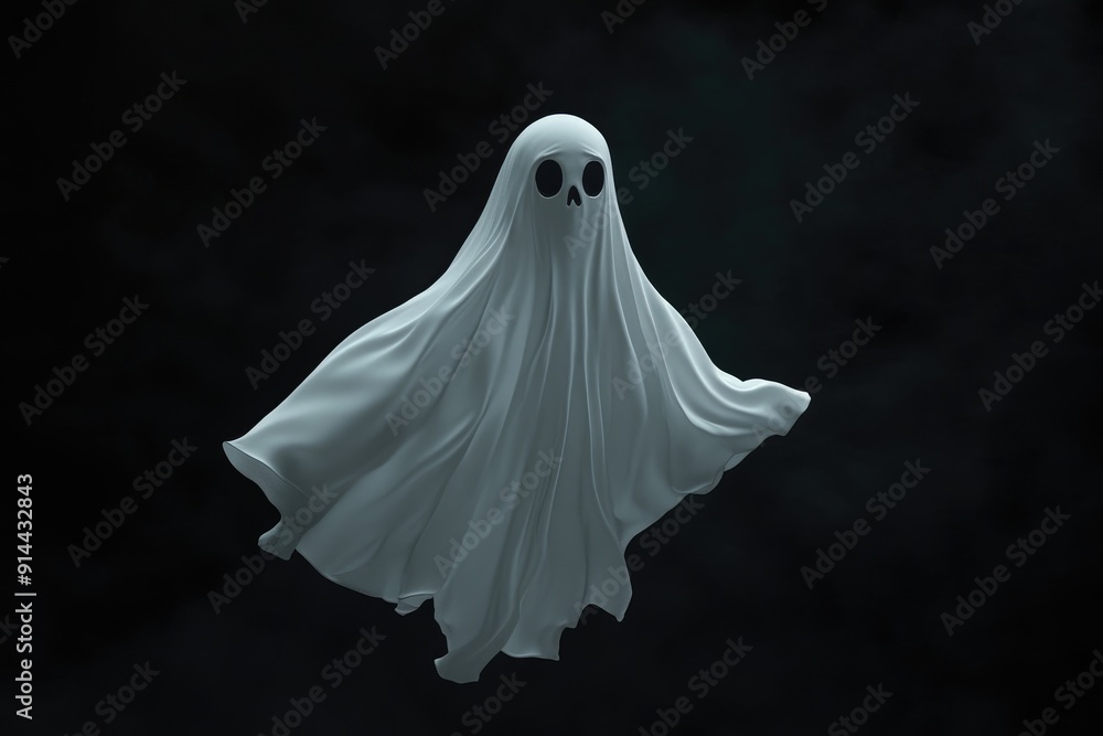 A White Ghost with a Skull Face Floating Against a Dark Background A White Ghost with a Skull Face Floating Against a Dark Background