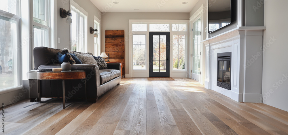 Modern Living Room With Wooden Floors And Large Windows In Bright Natural Light Modern Living Room With Wooden Floors And Large Windows In Bright Natural Light
