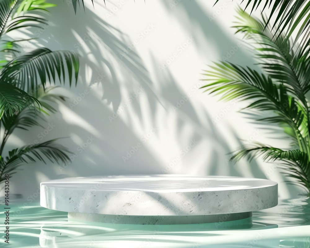 Modern minimalist platform with green tropical palms casting shadows, light-colored backdrop, perfect for product display or advertising. Modern minimalist platform with green tropical palms casting shadows, light-colored backdrop, perfect for product display or advertising.