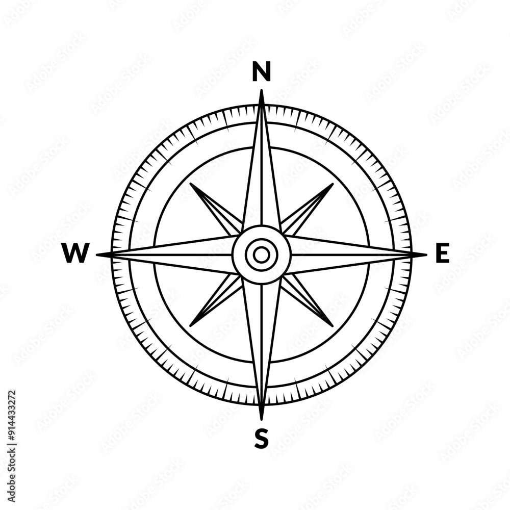 Navigation compass black and white flat vector icon design. Compass glyph and symbol line icon with editable stroke Navigation compass black and white flat vector icon design. Compass glyph and symbol line icon with editable stroke