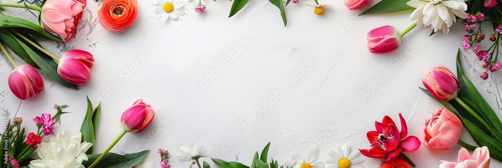 A beautiful arrangement of pink tulips, daisies, and other spring flowers create a delicate frame around a white background, perfect for greetings or invitations. A beautiful arrangement of pink tulips, daisies, and other spring flowers create a delicate frame around a white background, perfect for greetings or invitations.