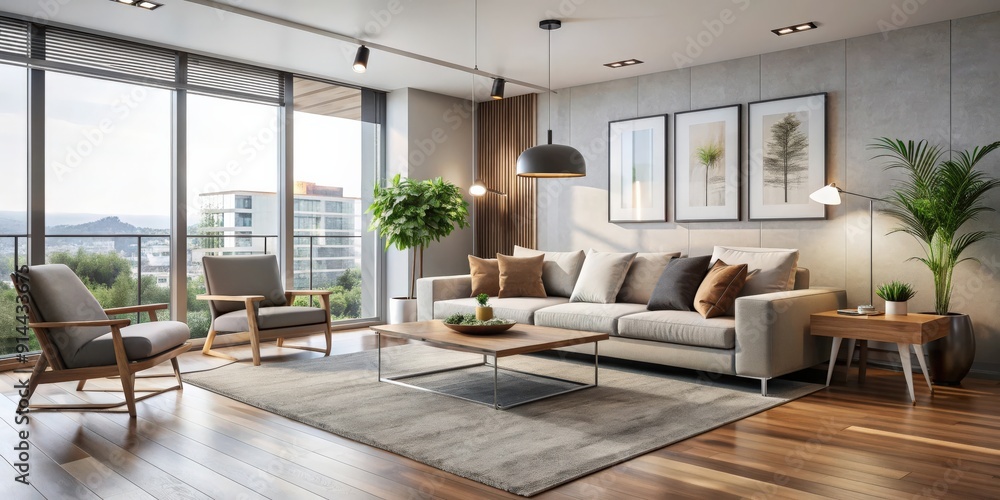 Fototapeta premium Modern apartment living room with minimalist furniture and sleek design, interior, modern, apartment, living room