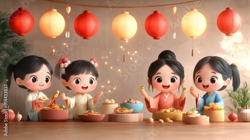 Charming Tanabata festival scene with animated characters making colorful decorations and enjoying traditional foods photo