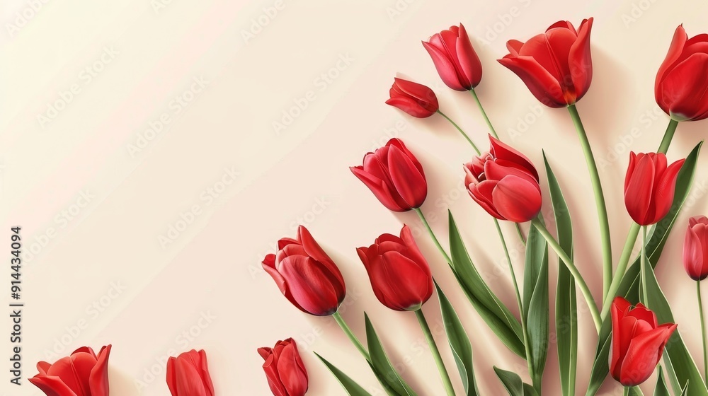 A bunch of red tulips arranged in a corner on a beige background symbolizing love, beauty, springtime, new beginnings, and joy. A bunch of red tulips arranged in a corner on a beige background symbolizing love, beauty, springtime, new beginnings, and joy.