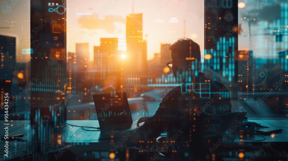 A businessman sits in front of a laptop, working with focus as the sun sets behind a cityscape. The image represents concepts of ambition, progress, technology, opportunity, and success. A businessman sits in front of a laptop, working with focus as the sun sets behind a cityscape. The image represents concepts of ambition, progress, technology, opportunity, and success.