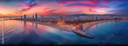 Barcelona Beach at Sunset:  A Panoramic View of the City