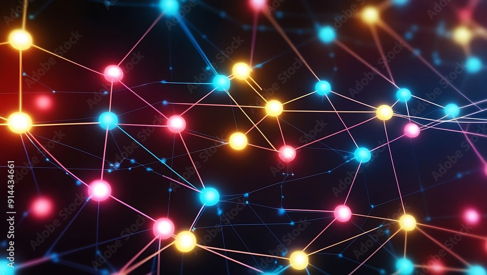a network of interconnected nodes and lines against a dark background. The nodes are depicted as glowing spheres in various colors, including pink, yellow, blue, and red. a network of interconnected nodes and lines against a dark background. The nodes are depicted as glowing spheres in various colors, including pink, yellow, blue, and red.