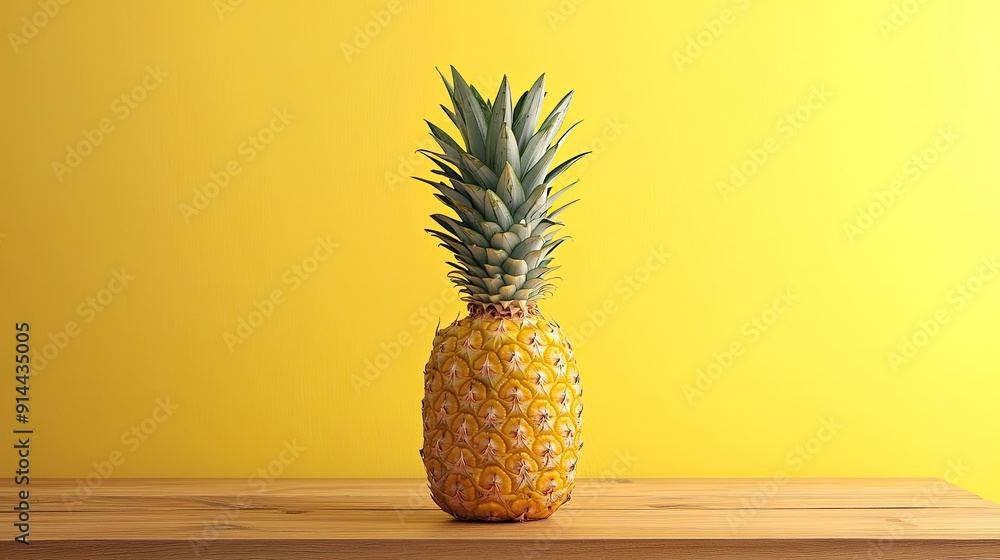 A pineapple sits on a wooden table in front of a yellow wall, providing a vibrant and tropical scene perfect for summer themes. A pineapple sits on a wooden table in front of a yellow wall, providing a vibrant and tropical scene perfect for summer themes.