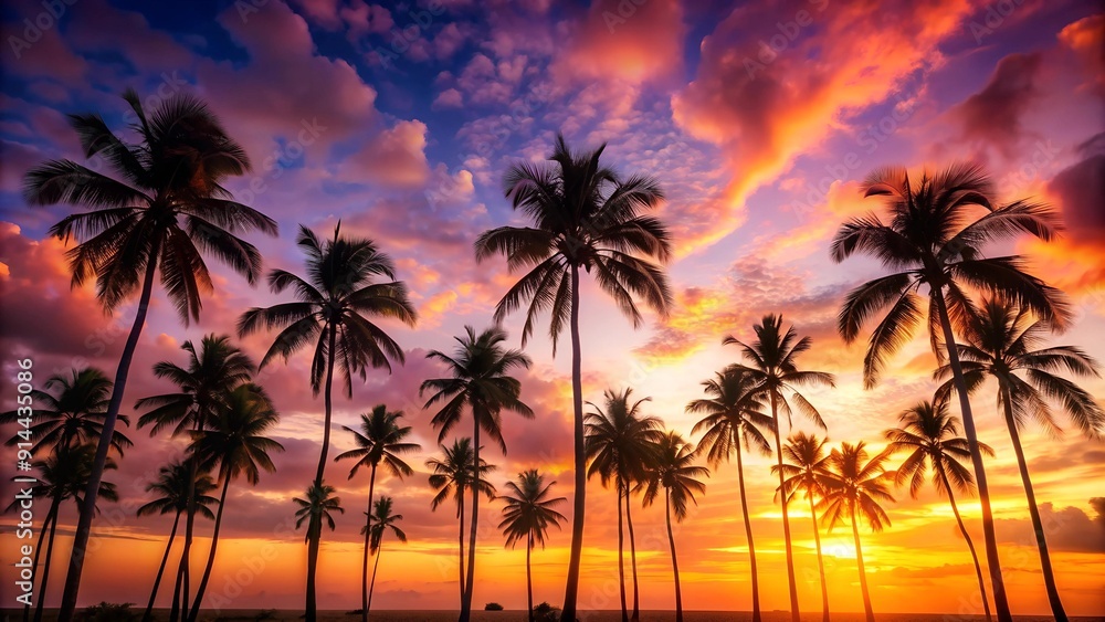 Silhouettes of Serenity: A Row of Palm Trees Against a Cotton Candy Sunset Generative AI Silhouettes of Serenity: A Row of Palm Trees Against a Cotton Candy Sunset Generative AI