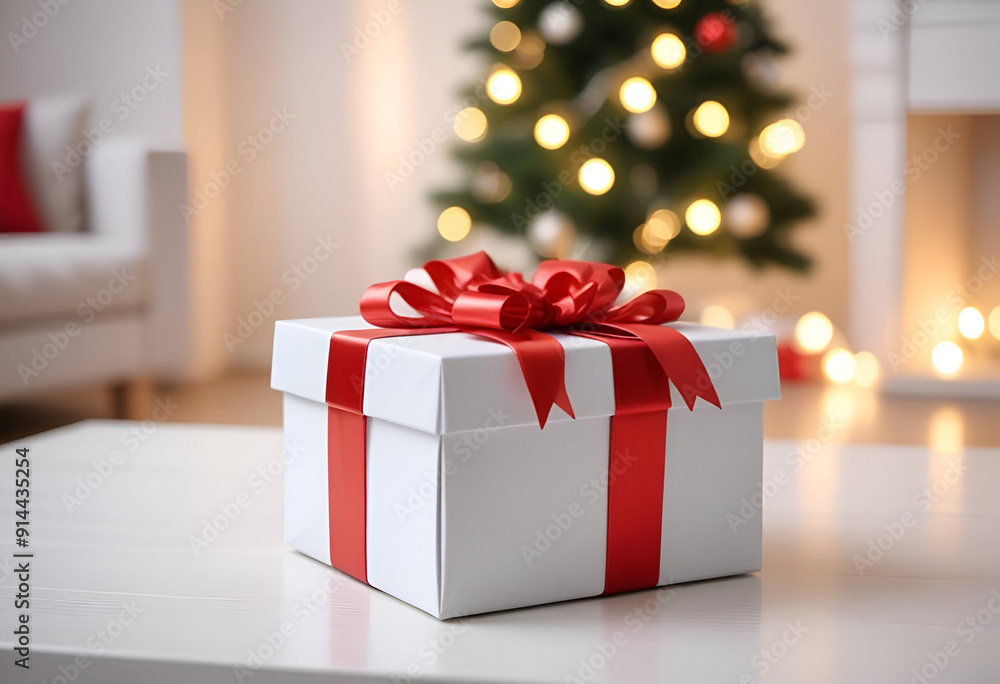 A white gift box with a red ribbon on a table in front of a christmas tree and light A white gift box with a red ribbon on a table in front of a christmas tree and light