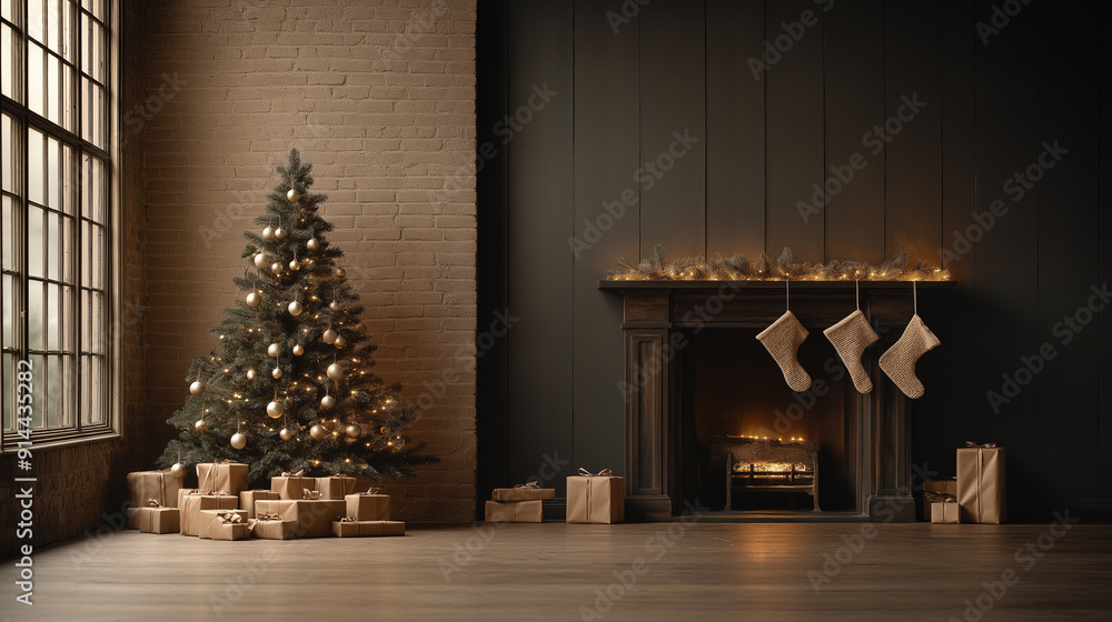 A Christmas tree is in a room with a fireplace and a mantle A Christmas tree is in a room with a fireplace and a mantle