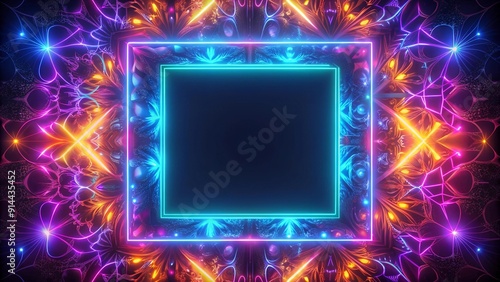 Vibrant Neon Square Frame with Abstract Geometric Patterns  Generative AI