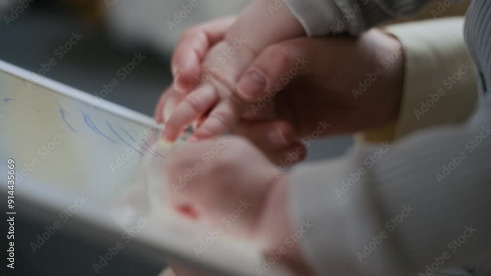 Close-up of tiny fingers of unrecognizable baby in hands of anonymous woman drawing lines on tablet screen developing sensoryand fine motor skills Close-up of tiny fingers of unrecognizable baby in hands of anonymous woman drawing lines on tablet screen developing sensoryand fine motor skills