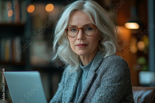 Focused Mature Businesswoman: Serious Middle-Aged Executive Working on Digital Project at Desk, Using Laptop in Modern Office