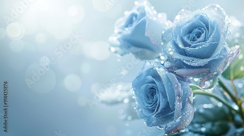 A cluster of delicate blue roses adorned with sparkling dew drops, symbolizing love, purity, and serenity, captured against a soft, dreamy backdrop. #914435876