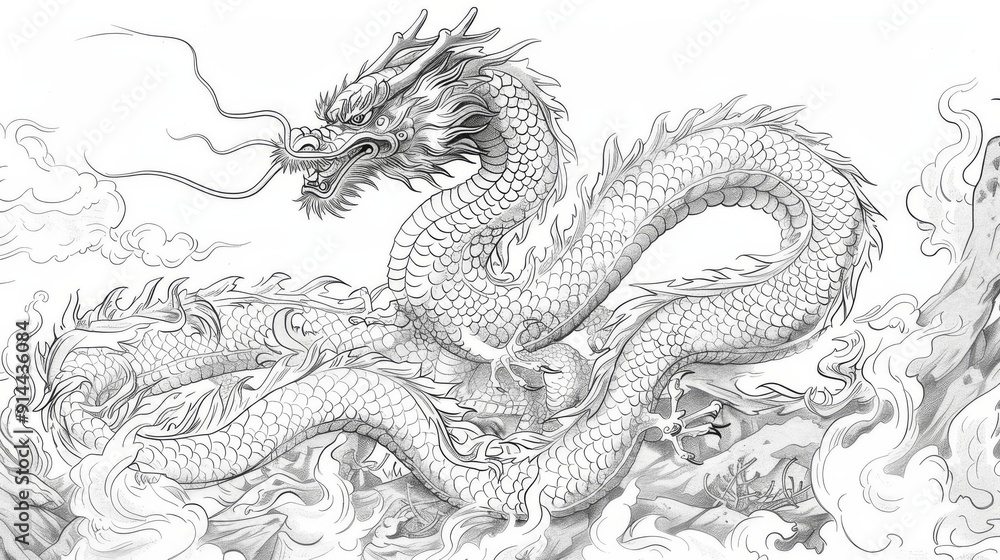 Delicate line art of a Chinese dragon, Chinese dragon, subtle and refined Delicate line art of a Chinese dragon, Chinese dragon, subtle and refined