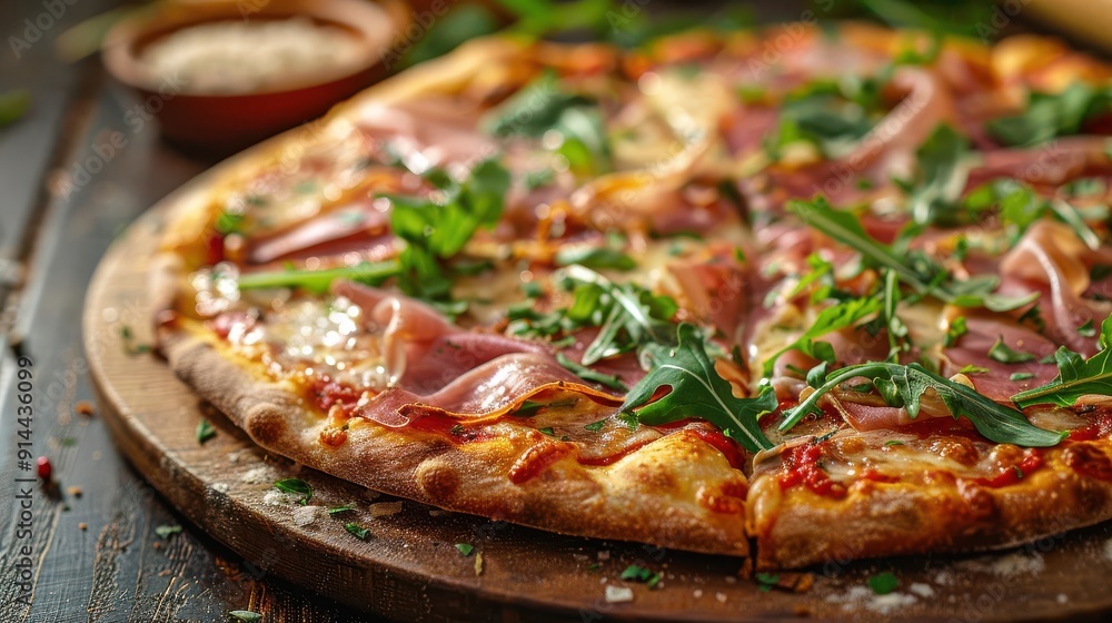 Close-up of a delicious pizza with prosciutto and arugula on a wooden board. Close-up of a delicious pizza with prosciutto and arugula on a wooden board.