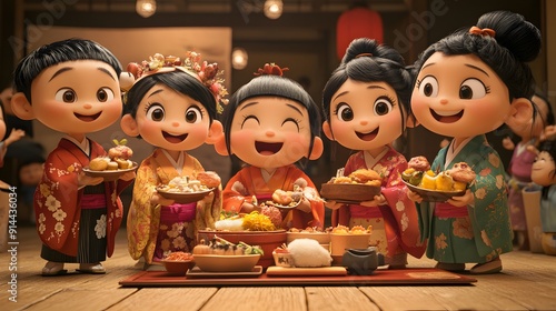 Festive Shichi-Go-San celebration with animated characters in traditional kimonos enjoying festive foods and activities