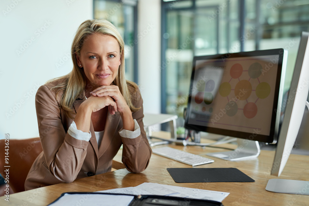 Portrait, business and woman at desk, computer and confidence with career ambition. Sales agent, employee and consultant with pc, internet and connection with documents, startup and pride in office Portrait, business and woman at desk, computer and confidence with career ambition. Sales agent, employee and consultant with pc, internet and connection with documents, startup and pride in office