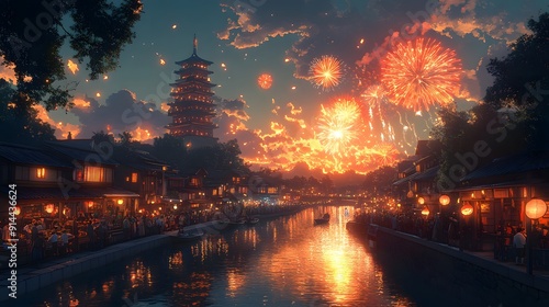 Whimsical Japanese summer festival with animated characters enjoying fireworks street food and traditional games photo