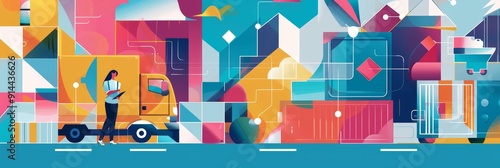 A delivery truck drives through a vibrant cityscape, symbolizing efficient logistics, global connectivity, urban transportation, modern technology, and seamless delivery.