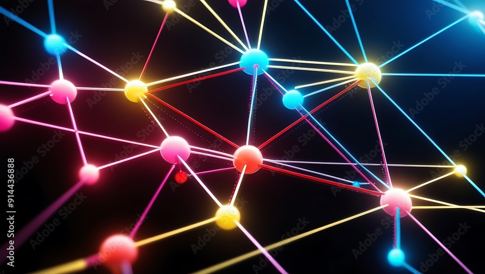 a network of interconnected nodes and lines against a dark background. The nodes are depicted as glowing spheres in various colors, including pink, yellow, blue, and red. a network of interconnected nodes and lines against a dark background. The nodes are depicted as glowing spheres in various colors, including pink, yellow, blue, and red.