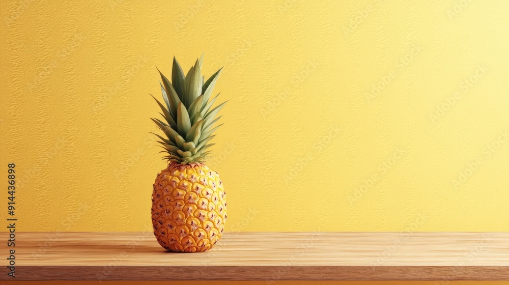 A pineapple sits on a wooden table in front of a yellow wall, providing a vibrant and tropical scene perfect for summer themes.