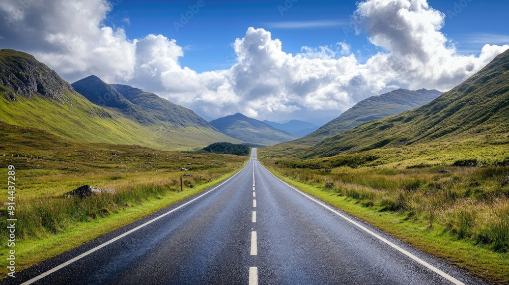A scenic road meandering through mountains, with a bright sky and fluffy clouds in the background, offering a breathtaking visual with ample copy space. A scenic road meandering through mountains, with a bright sky and fluffy clouds in the background, offering a breathtaking visual with ample copy space.