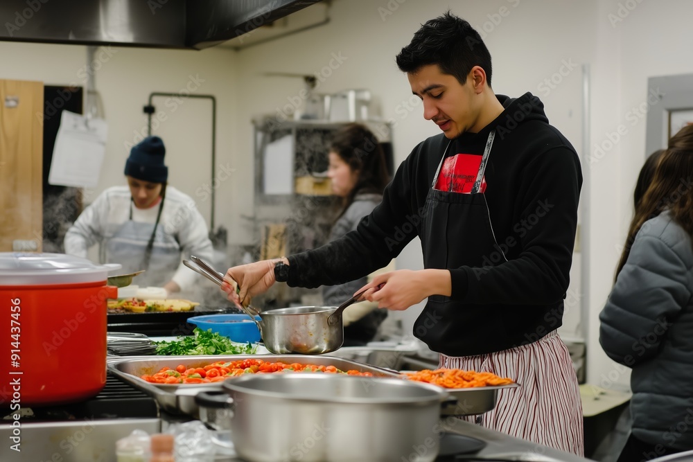 Volunteer Chefs Preparing Fresh Meals in Community Kitchen During Afternoon Shift Volunteer Chefs Preparing Fresh Meals in Community Kitchen During Afternoon Shift