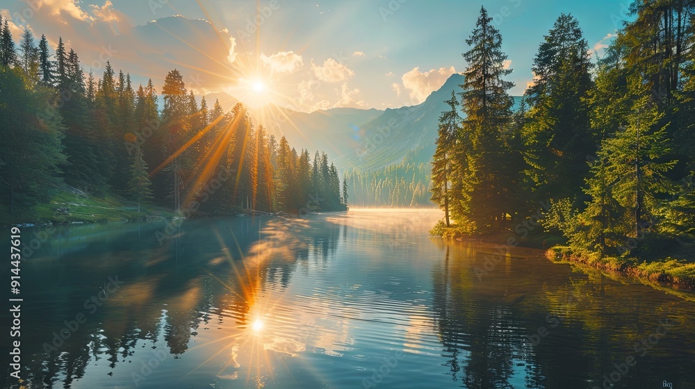 Naklejka premium Morning on the lake in the sunshine