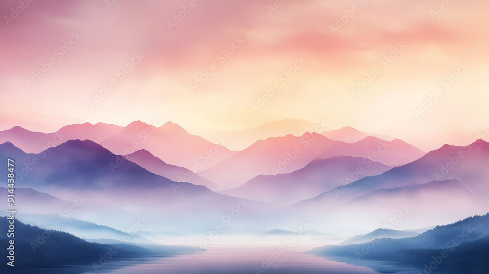 A mountain range with a blue sky and a pink sunset A mountain range with a blue sky and a pink sunset