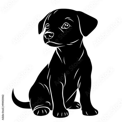 Black and white silhouette of a cute puppy dog sitting in a simple minimalist design. Design of greeting cards, posters, patches, prints on clothes, emblems. Puppy pet.