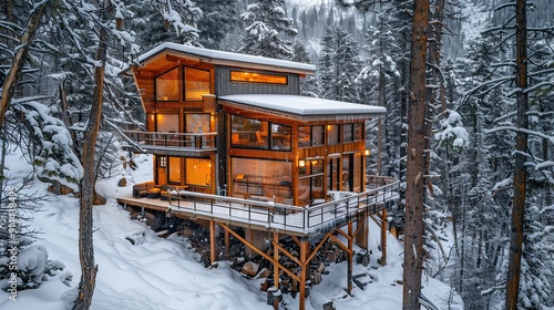 An eco-friendly cabin built from recycled materials, nestled among towering snow-covered evergreens  photo