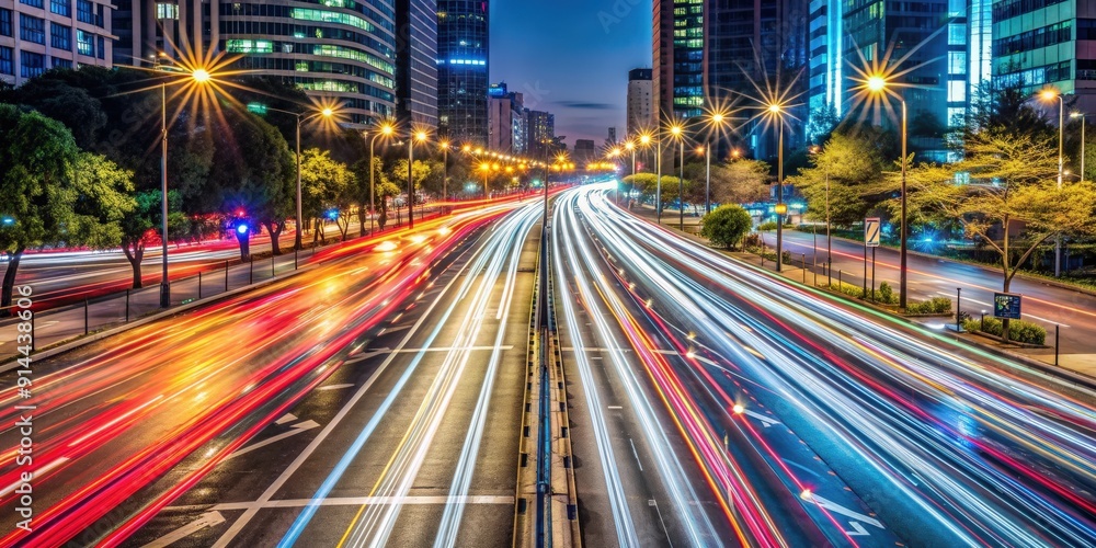Fototapeta premium Light trails of vehicles streaking across a busy urban road , traffic, night, city, motion, speed, transportation, car