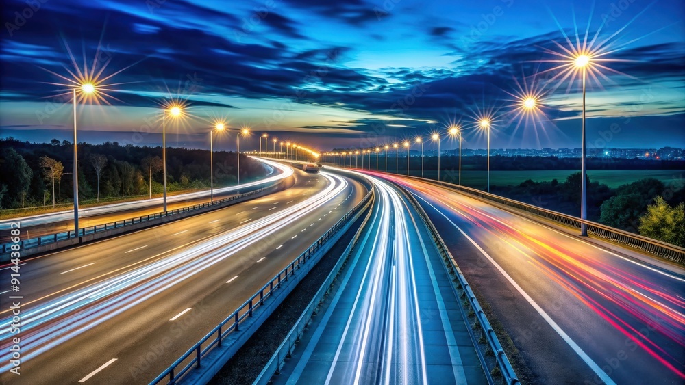 Traffic flows smoothly on a highway at night, captured in a time lapse, highway, night, city lights, traffic, cars, vehicles Traffic flows smoothly on a highway at night, captured in a time lapse, highway, night, city lights, traffic, cars, vehicles