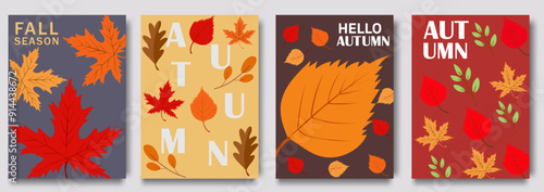 Set trendy  autumn posters or covers art style autumn posters or covers with bright leaves and seasonal elements for fall celebrations, advertising, web. Fall background