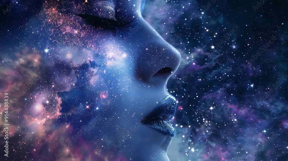 Female face in night starry sky with mesmerizing space phenomena and swirling nebula Female face in night starry sky with mesmerizing space phenomena and swirling nebula