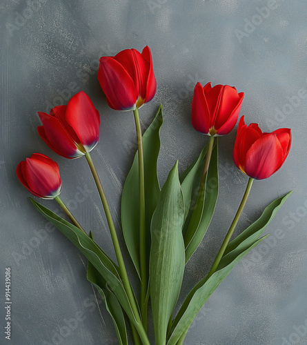 Fresh tulip flowers on grey concrete background. Mothers Day Concept.
 photo