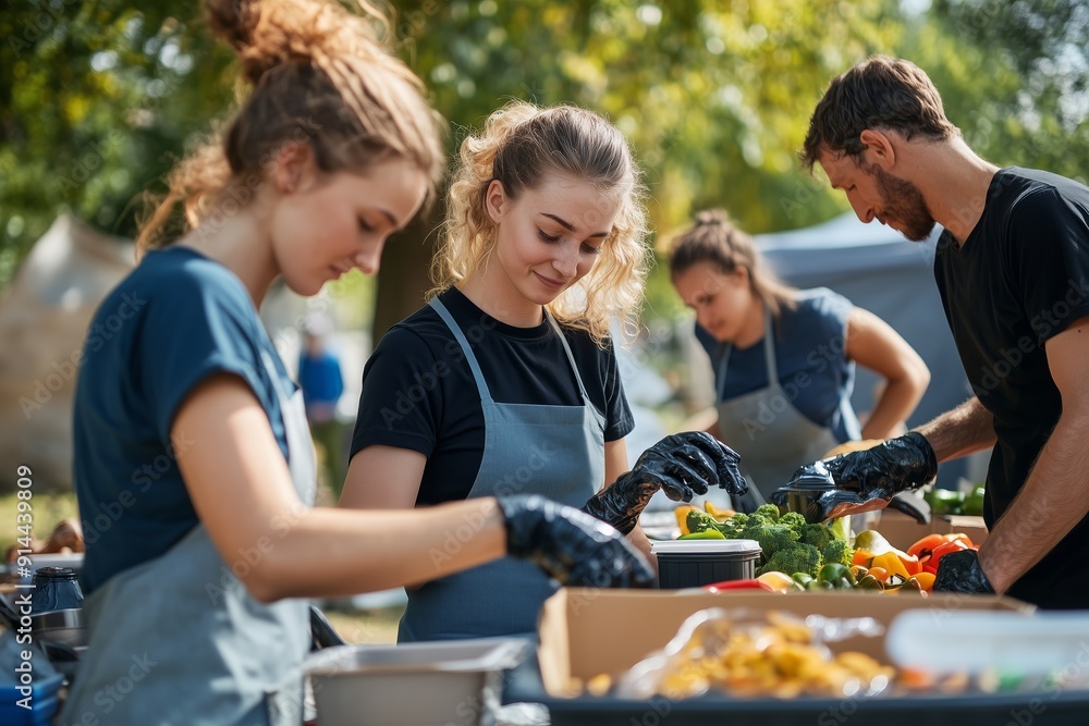 Volunteers Preparing Fresh Produce for Community Food Distribution Event in a Sunlit Park Volunteers Preparing Fresh Produce for Community Food Distribution Event in a Sunlit Park