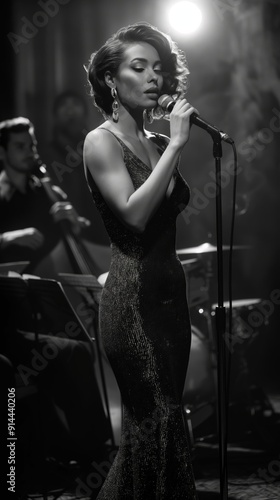 Elegant black singer in a long evening gown on stage with a jazz band. Black and white vertical shot photo