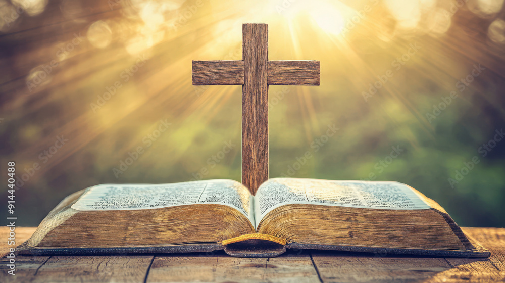 Wooden cross placed on an open Bible with sunlight Wooden cross placed on an open Bible with sunlight