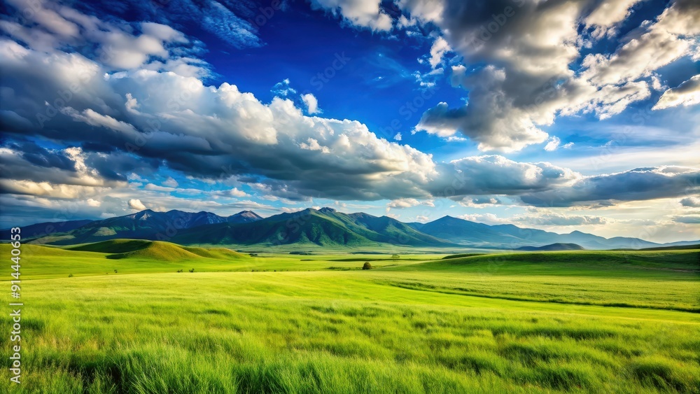 Fototapeta premium Wide expanse of lush green grassland landscape meadow with clear skies, clouds, and mountains in the distance, Meadow, Grassland