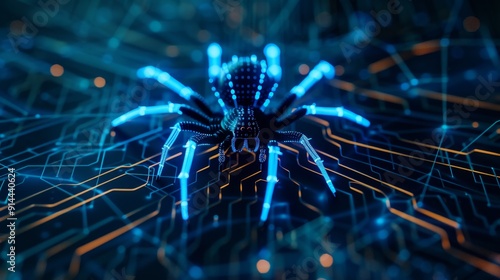 A menacing robotic spider crawls across a circuit board, symbolizing cyber security threats, data breaches, malware, hacking, and vulnerability.