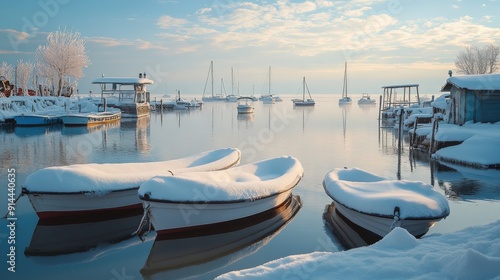 Soft snow blankets the harbor, while tranquil boats float quietly on still waters under a pale blue sky
