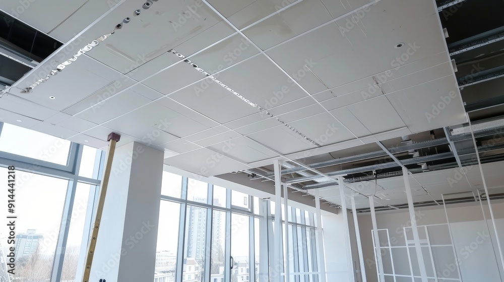 A modern office space with a new ceiling installation featuring exposed framing, large windows, and a bright, open space. This symbolizes progress, innovation, and cleanliness, with a focus on struc A modern office space with a new ceiling installation featuring exposed framing, large windows, and a bright, open space. This symbolizes progress, innovation, and cleanliness, with a focus on struc
