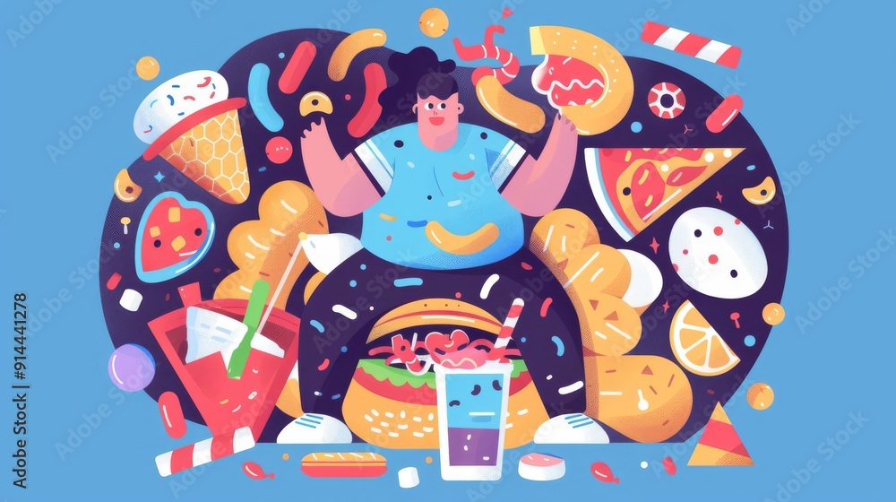 Fat person, surrounded by unhealthy choices, flat design illustration Fat person, surrounded by unhealthy choices, flat design illustration
